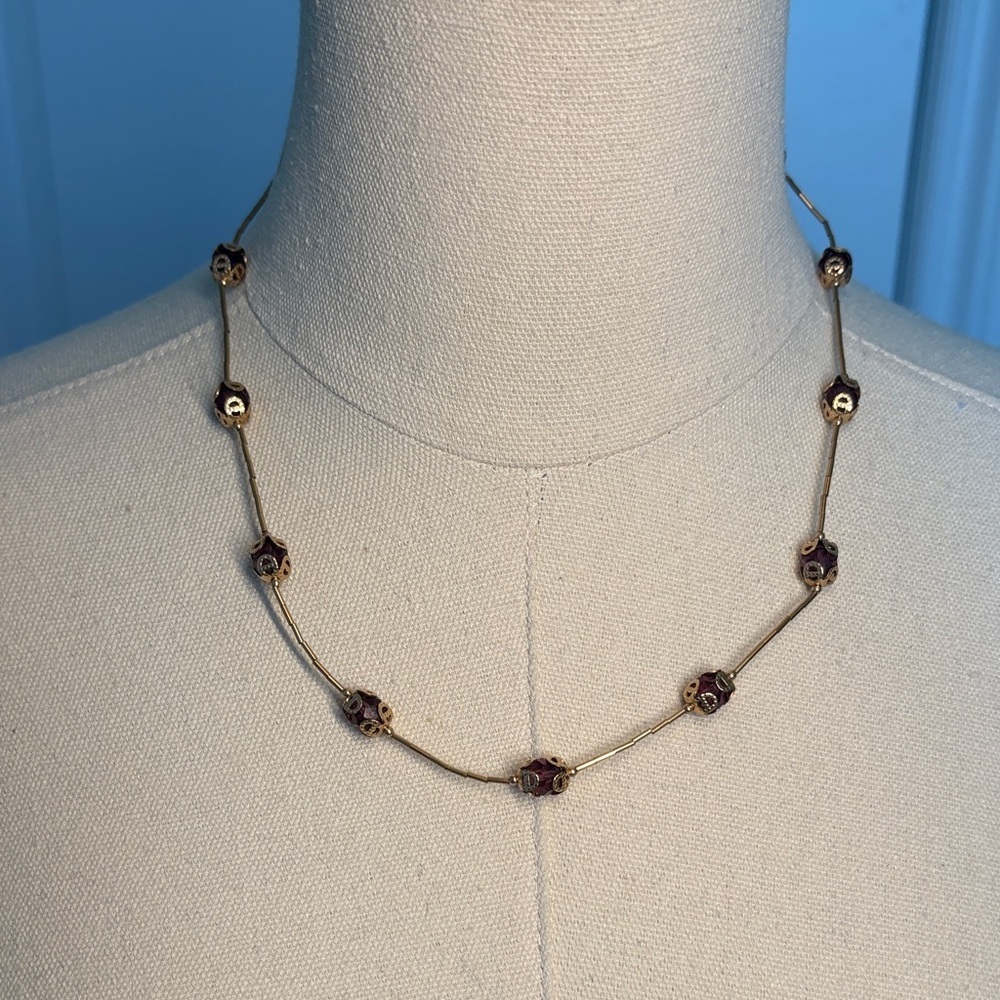 Gold and Purple Handmade Beaded Necklace - Picture 1 of 3